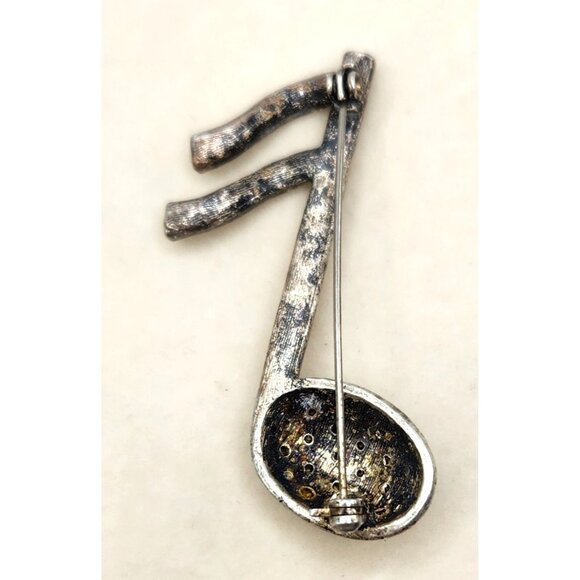 Silver Tone Music Note Brooch With Rhinestone Accents - 2" - Picture 3 of 3
